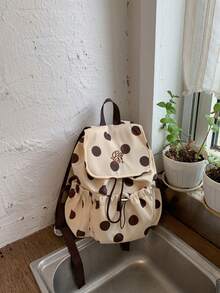 Mochila con patrón de lunares dulces, 4 colores disponibles, diseño con solapa y cordón, bolsillos laterales plisados, ligera y compacta, adecuada para uso diario y al aire libre - Multicolor - Ver 6