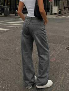 女款復古寬鬆男友風直筒牛仔褲，休閒秋季風格 - 淺灰色 - 查看 5