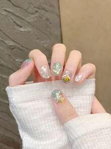 10Pcs Handmade Short Square Press On Nails Gradient Iridescent Jelly Base 3D Shell Pearl Starfish Hand Painted Goldfish Mermaid Ocean Theme Glossy Reusable False Nails Summer Beach Manicure Set For Women Girls - 彩色 - 查看 4