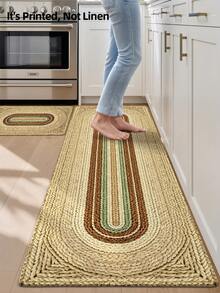 1pc 2D Flat Printed Long Runner Rug, Faux Woven Print Long Floor Mat, Suitable For Bathroom, Kitchen, Outdoor, Hallway, Bedroom, Living Room, Machine Washable Easy To Clean, Non-Slip Entryway Mat, Bedroom Decor Carpet Accessory - Multicolor - View 6