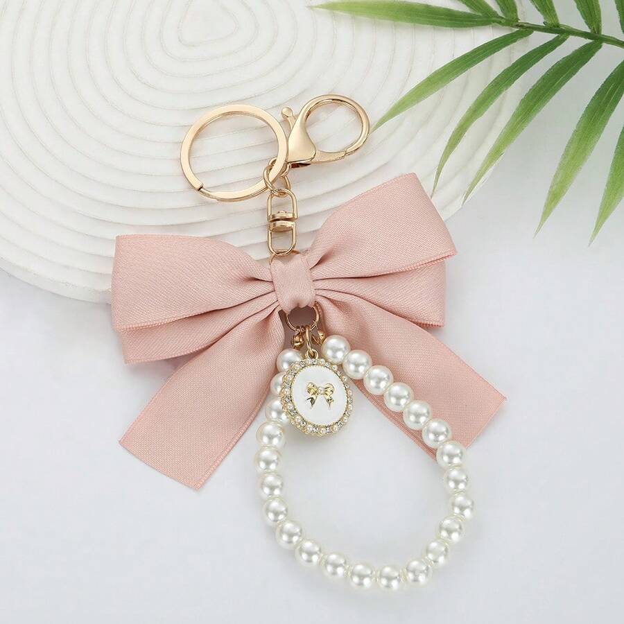 1pc Satin Bow Pearl Keychain, Exquisite Round Rhinestone Pendant Bag Charm, Elegant Handbag Accessory, Women's Style - Multicolor - View 1