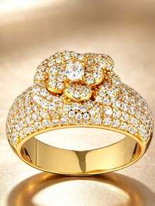 1pc Luxury 14K Gold Plated Yellow Flower Heart-Shaped Four-Prong Round Geometric Couple Ring For Women, Suitable For Daily Commute, Engagement Gift, Party Jewelry - Yellow - View 5