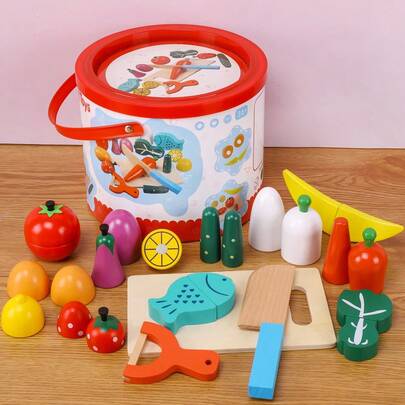 1 Set Wooden Fruit & Vegetable Cutting Toy With Bucket, Hook & Loop Detachable Food, Cutting Board And Knife, Baby Kitchen Role Play Educational Set
