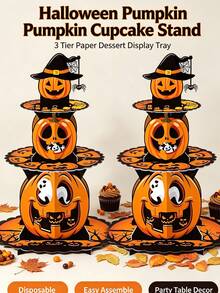 1 Set Halloween 3-Tier Cake Stand, Paper Tray, Handmade Foldable Assembly Cake Holder. Colorful Pumpkin Castle Suitable For Party Tabletop Decoration, Dessert Table Decoration Props. Party Dessert Tray, Display Rack. Halloween Party Essential. Dining Table Essential. Home Decor Essential. - Multicolor - View 4
