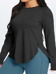 1pc Plus Size Women's Side Slit Crew Neck Long Sleeve T-Shirt, Elastic Regular Shoulder Slimming Solid Color Minimalist Black Sports - Black - View 5