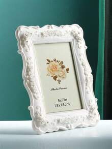 1pc White Embossed Rose Photo Frame, Resin Material Classic Pattern Decorative Frame, Horizontal And Vertical Dual-Use Photo Frame, Suitable For Bedroom, Study, Office Desk, Photo Decoration Frame, Halloween And Christmas Gift (Random Photo Paper Included) - Multicolor - View 3