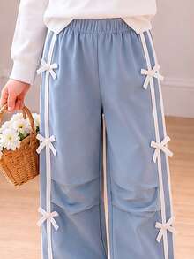 Girls' Sweet Bow Sweatshirt Set, Sequin Large Bow Crew Neck Top + Side Bow Wide Leg Pants 2pcs Set, Fresh And Cute Children's Outfit - Multicolor - View 7