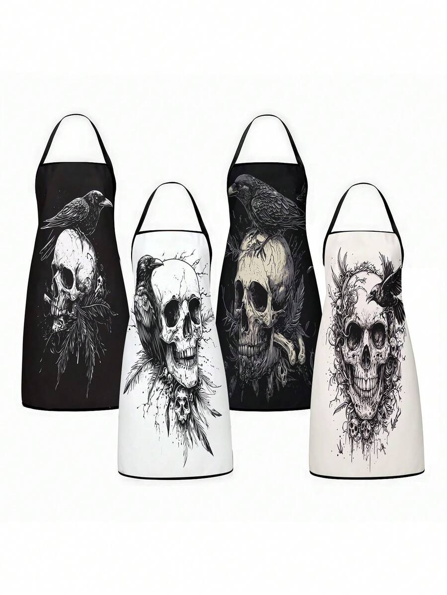2/4PCS Dark Art Halloween Skull Crow Apron Set, Tattoo Style Skeleton Raven Feather Ornate Pattern Kitchen Apron, Waterproof Oilproof Cooking Bib For Baking Grilling, Gothic Spooky Home Decor Halloween Party Gift For Women Men - Multicolor - View 1