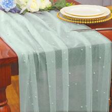 Premium Hand-Stitched Pearl Mesh Table Runner Mint Green Sheer Tulle Tablecloth Overlay For Outdoor Wedding Baby Shower Birthday Tea Party Home Decor - Mint Green - View 8