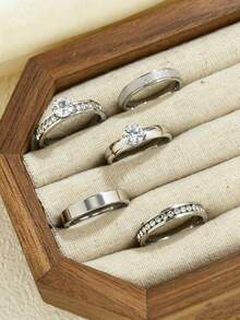 5pcs Elegant Stainless Steel Matte Square Single Row Zirconia Women's Ring Set, Suitable For Daily Wear, Dating, Confession, Engagement, Wedding, Party, Holiday Accessories - Silver - View 2