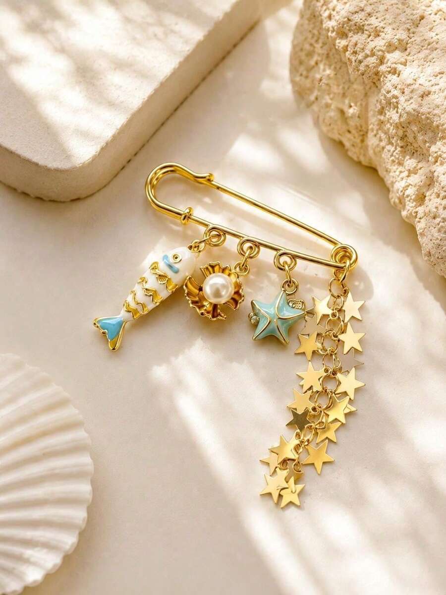 1件女款小魚貝殼海星珍珠星星流蘇吊墜創意胸針,可愛INS清新風簡約包包掛飾 - 彩色 - 查看 1