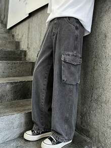 Celana Jeans Denim Anak Laki-Laki, Model Baru Musim Semi/Gugur 2026, Celana Kargo Kasual Potongan Lurus untuk Anak-Anak Ukuran Sedang hingga Besar - Dark Grey - View 3