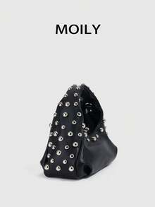 Bolso de mano y de hombro para mujer estilo Y2K Punk con diseño de remaches, cierre de cremallera, material de PU - Negro - Ver 6