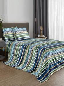 4-Piece Geometric White Heart Pattern Bedding Set, Easy Care Soft Bedding Set, Floral Fitted Sheet Set (1 Flat Sheet + 1 Fitted Sheet + 2 Pillowcases), Fitted Sheet Set, King/Queen/Full/Twin Size, Bed Sheet, Deep Pocket Up To 11.8 Inches, Pillowcases - Multicolor - View 4