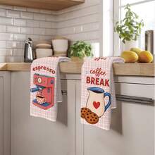 2PCS Kitchen Towels Pink Plaid Coffee Healing Theme Pattern Print 40*60cm Rectangular Microfiber Kitchen Towels, Dish Cloths, Tablecloths, Hand Towels, Kitchen Decor, Home Decor, Housewarming Gift For Neighbors, Perfect For Kitchen And Bathroom Use, Suitable For Housewives And Family Gatherings, High Cost-Performance, Home Essential - Watermelon Pink - View 10
