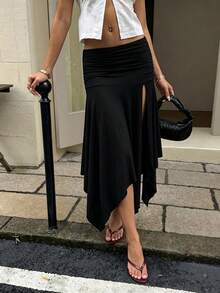 Sexy Fashion High Slit Asymmetrical Hem Skirt, Ruched Waist Mid-Length Skirt, Suitable For Formal Occasions Or Party Wear - Black - View 2