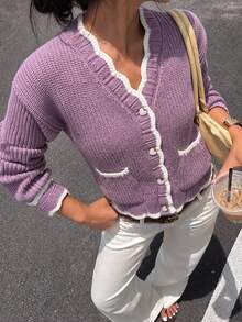 Preppy White Contrast Trim Knit Cardigan, V-Neck Heart Button Patch Pocket Cropped Jacket, Autumn Thanksgiving Streetwear - Purple - View 5
