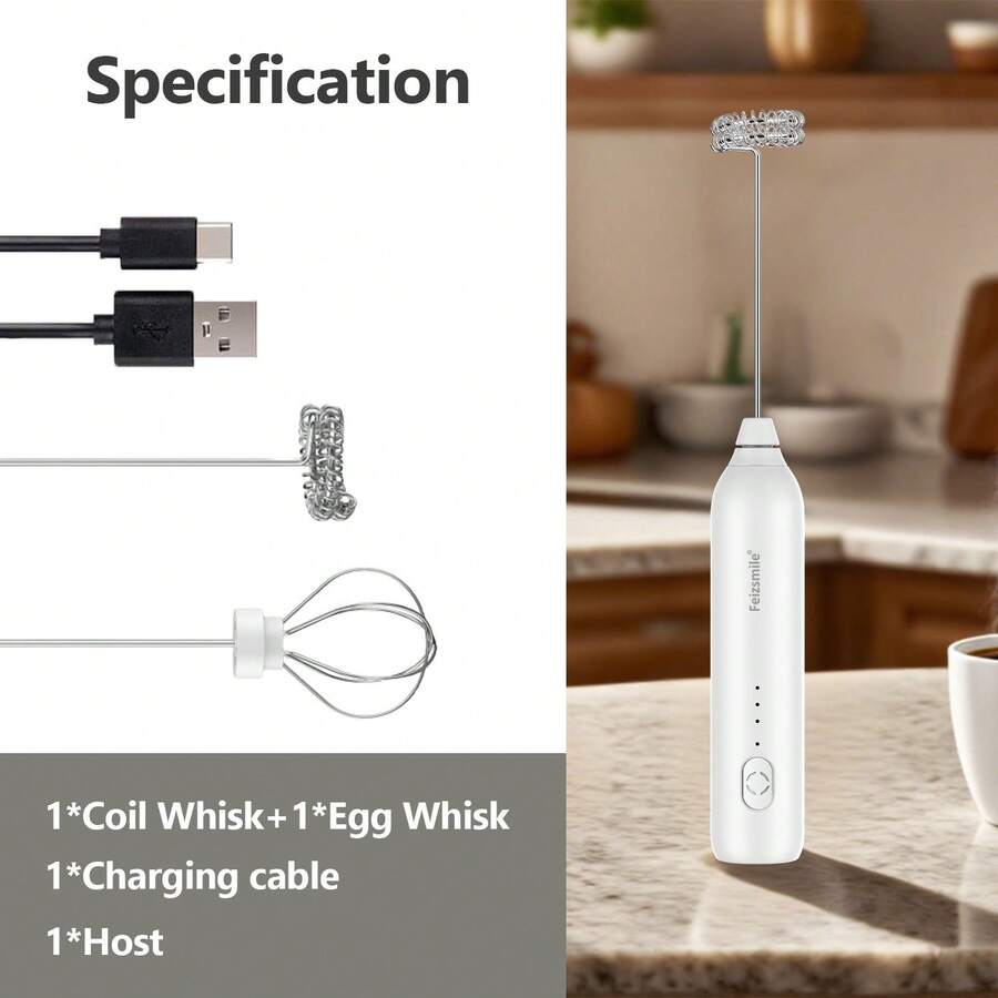 Feizsmile Value Electric Milk Frother, Rechargeable Type-C Interface, Portable Coffee Milk Froth Maker, Stainless Steel Whisk, Suitable For Home, Travel And Barista Daily Use. - White - View 1