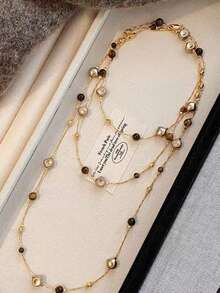 1pc Maillard Tiger Eye Stone Beaded Long Necklace, Women's Autumn/Winter Versatile Long Sweater Chain, Layered Collarbone Chain - Multicolor - View 4