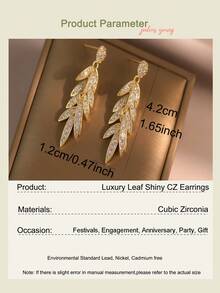 1pair Luxury Marquise Cubic Zirconia Tassel Drop Earrings, Gold Plated Leaf Shiny CZ Dangle Earrings, Bridal Wedding Party Statement Evening Jewelry - Yellow Gold - View 4