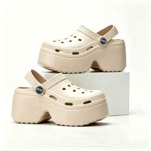Pantofole da donna con piattaforma spessa e traforata, sandali slip-on in EVA traspirante con cinturino posteriore regolabile e rialzante, scarpe mule casual estive per spiaggia e uso all'aperto, antiscivolo e anti-odore - Cachi - Visualizzare 5