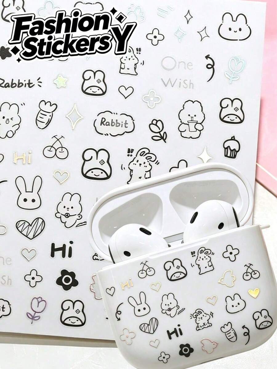 1pc Popular Simple Rabbit Decorative Sticker, Soft Line Rabbit With Carrot, Cherry And Small Flower, Light Glitter Edge With Fun English Slogan, Suitable For CCD, Instant Camera, Phone Case, Cup, Gift Box Packaging. Korean Style Soft Cute Healing Modification Sticker - 1pc Cartoon Rabbit 2449 - View 1