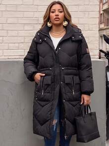 Astrid Plus Size Winter Casual Solid Color Drawstring Hooded Jacket - Black - View 3