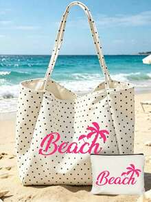 白色圓點海灘托特包，飾有「Beach」字母與棕櫚樹印花，大號帆布肩背包，海灘包，購物袋，適合購物與旅行，可折疊帆布肩背托特包，通勤包，平板電腦包，收納袋，夏季必備旅行包，適合海灘旅行、泳池日、購物與日常使用，適合女性、旅行者與海灘愛好者，完美適用於春假、復活節、母親節、度假與禮物 - 彩色 - 查看 14