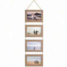 Weathered Wood 4-Slot Hanging Photo Frame Rustic Wall Art Vertical Family Picture Collage Display Equipped With Sturdy Jute Rope - Grey - View 2
