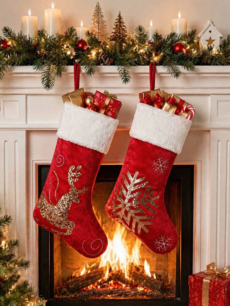 1pc Red Christmas Stocking With White Trim, 18-Inch Stocking, Large Plush Stocking With Reindeer And Snowflake Patterns, Christmas Tree Holiday Party Decoration, For Home Holiday Christmas Party Decorations (Red And Gold Glitter Reindeer) - Multicolor - View 1