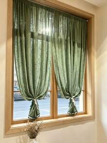 1pc Green Jacquard Leaf Pattern Transparent Curtain, Semi-Sheer Rod Pocket Kitchen Curtain With Grommets, Easy To Hang, Perfect For Bedroom, Living Room, Office Decoration, Home Decor Curtain (200g Fabric Weight) - Multicolor - View 5