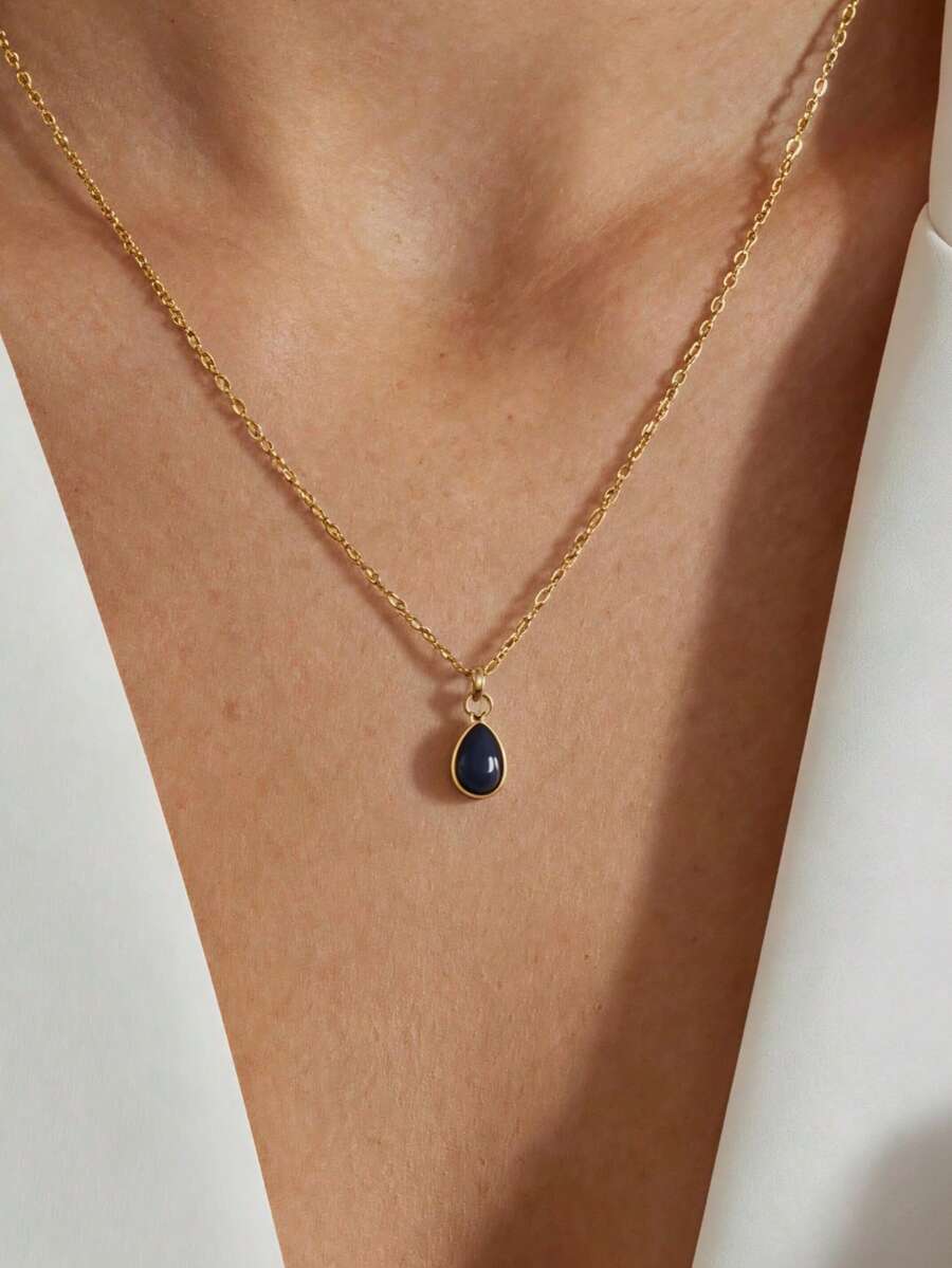 MECYLIFE 1 pieza Collar colgante de mujer con gota de agua dorada y circonita negra de acero inoxidable, joyería de moda chapada en oro de 18K - Negro - Ver 1