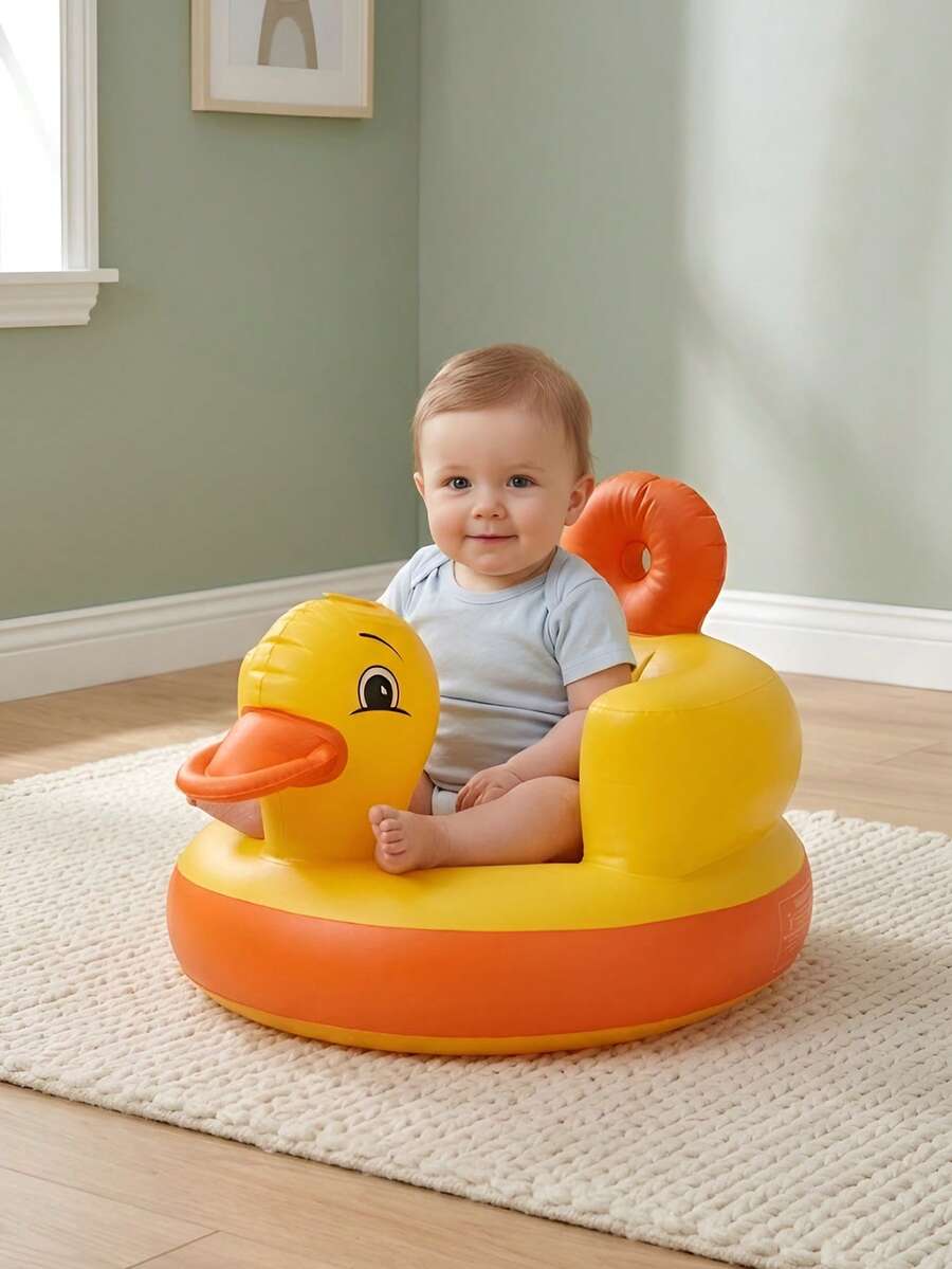 1pc Yellow Duck Theme Foldable Inflatable Baby Sofa, Baby Sitting Support Chair, Anti-Fall Seat, Floor Cushion For Sitting Posture Training - Multicolor - View 1