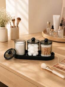 Bộ lưu trữ bàn trang điểm phòng tắm hiện đại, hộp đựng bông tẩy trang và giá đỡ tăm bông với khay đen, kệ sắp xếp mỹ phẩm tối giản, hũ đựng bông gòn có nắp - Nhiều màu - Xem 4