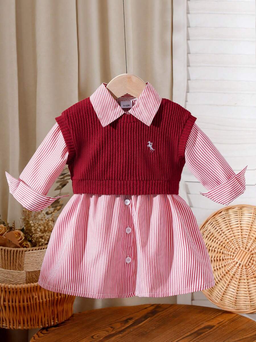 2件組女嬰刺繡背心與條紋長袖襯衫洋裝,休閒日常穿著,百搭套裝,春夏款,學院風 - 酒紅色 - 查看 1