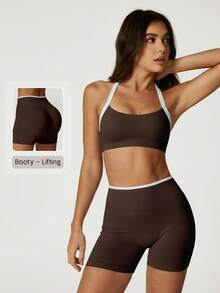 NcmRyu Women's One Set Colorblock Halter Backless Bra & High Waist Ribbed Waistband Shorts Sports Set - Brown - View 1