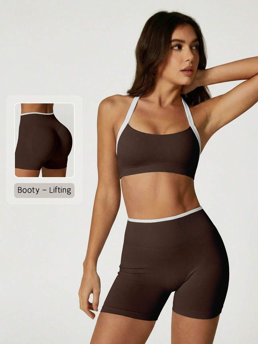 NcmRyu Women's One Set Colorblock Halter Backless Bra & High Waist Ribbed Waistband Shorts Sports Set - Brown - View 1