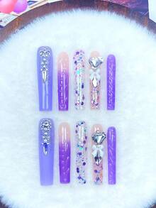 10 Peças Unhas Postiças Longas Feitas à Mão, Unhas Falsas com Degradê Roxo, Strass em Formato de Coração e Laços Brancos, Múltiplos Formatos com Incrustação de Glitter Holográfico de Cristal Prateado, Estilo Luxuoso Brilhante e Doce, Adequado para Festa, Casamento, Presente de Aniversário, Inclui Cola de Gelatina e Mini Lixa de Unha - Multicolorido - Visão 4
