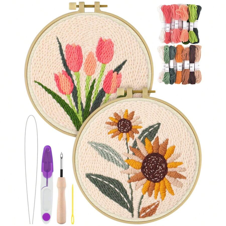 1套成人與初學者刺繡套件,DIY簡單花卉刺繡套組,適合初學者,手工藝術工藝,手工花卉壁掛套組,初學者刺繡室內裝飾套組,適合居家裝飾,節日禮物 - 多款 - 查看 1