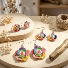 3 Pairs Earring Set, Multiple Combinations Of Large, Medium, Small Resin Rose 3D Flower Studs And Drop Earrings - Flower - View 6