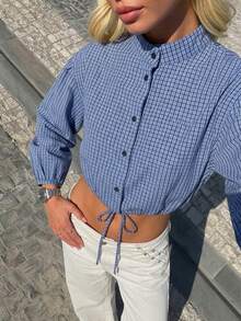 Elegant Casual American Vintage Blue Small Checkered Stand Collar Button-Down Tie Hem Short Lantern Sleeve Blouse - Blue - View 4
