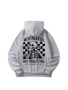 1pc Unisex Skull Slogan Checkerboard Print Comfortable Pullover Sweatshirt, Y2K Grunge Streetwear Sweatshirt Fall - Dark Gray - View 3
