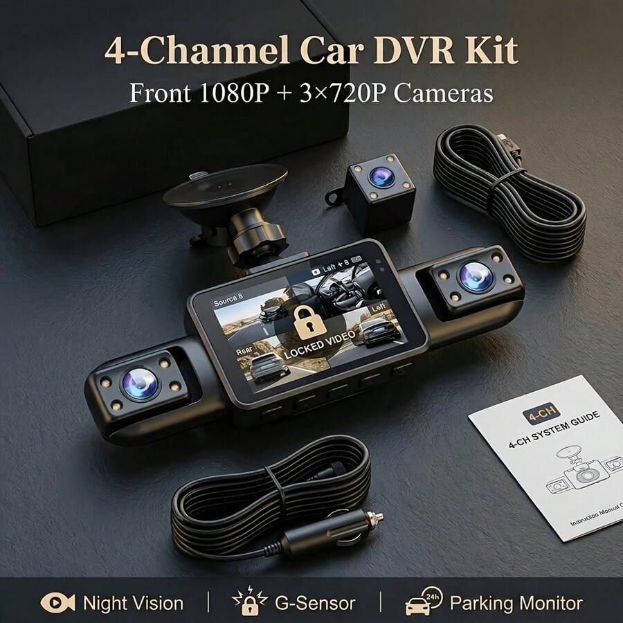 Curear 4-Channel Car DVR Kit, 1080P Front Camera + 720P Rear/Left/Right Cameras, Multi-Camera Dashcam, Gravity Sensor, Night Vision, SD Card Not Included. - Dashcam - View 1