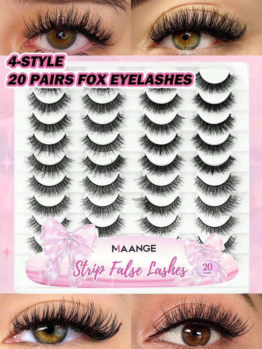 MAANGE 20 Pairs Large Capacity Mixed Style False Eyelashes Set, Cat Eye Cartoon Lashes, Lightweight Airy Feather-Like Dense 3D Soft Full Strip Lashes, Natural Thick Makeup Versatile Multi-Style, Strip Lashes, Essential For Dating And Travel, Gift For Women, Large Capacity Makeup Brush Gift - Multicolor - View 1