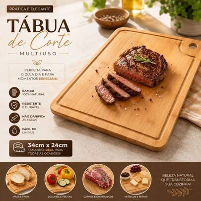 Tabua de Corte em Bambu Tábua Multiuso Ideal para Churrasco e Cozinha Tamanho 34cmx24cm