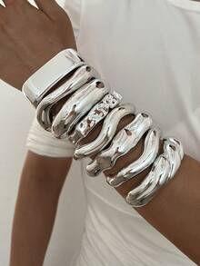 8pcs/4pcs/1pc Bohemian Style Casual Geometric Heavy Work Twisted Silver CCB Open Bangle Bracelet Set, Open Design Suitable For Party, Gathering, Gift, Vacation, Date And Daily Wear - Silver - View 2