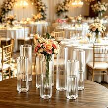 5/10/2/14pcs Elegant Striped Straight Wedding Table Transparent Vase, Minimalist Modern Plastic Cylindrical Vase, Versatile Floral Arrangement Holder Suitable For Wedding Banquet French Romantic Minimalist Style Wedding Table Decor - Clear - View 9