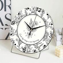 Black And White Line Floral Creative Desktop Clock, Ultra-Quiet Quartz Movement, No Ticking Sound, Suitable For Living Room Cabinet, Shoe Cabinet, Office Desk, TV Stand, Coffee Table, Study Desk, Bedside Table And Other Spaces Decoration, Can Be Used For Room Decor, Bedroom Decor, Dorm Decor, Back To School Decor, School Surprise, Back To School Season, Wedding Decor, Friend Birthday Gift, Home Decor Ornament And Study Supplies - Table Clock - View 3