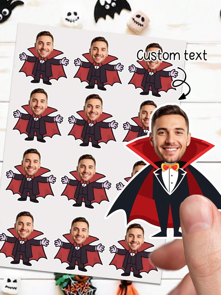 UNICCUT Personalized Halloween Vampire Face Custom Head Sticker Bat Happy Halloween Sticker With Face Photo Self-Adhesive Gift Label - Multicolor - View 1