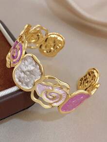 Vintage Romantic Stainless Steel Pink Irregular Floral Bangle Bracelet & Dried Flower Ring Women Jewelry Set,Daily Party Vacation Valentine's/Y2K/Boho - Multicolor - View 3